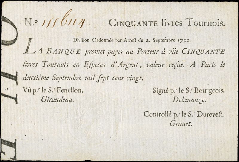 банкнота в 10 ливров 1720 года